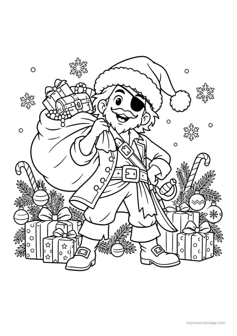 coloriage pirate party noel bonnet cadeaux - dessin gratuit &agrave; imprimer