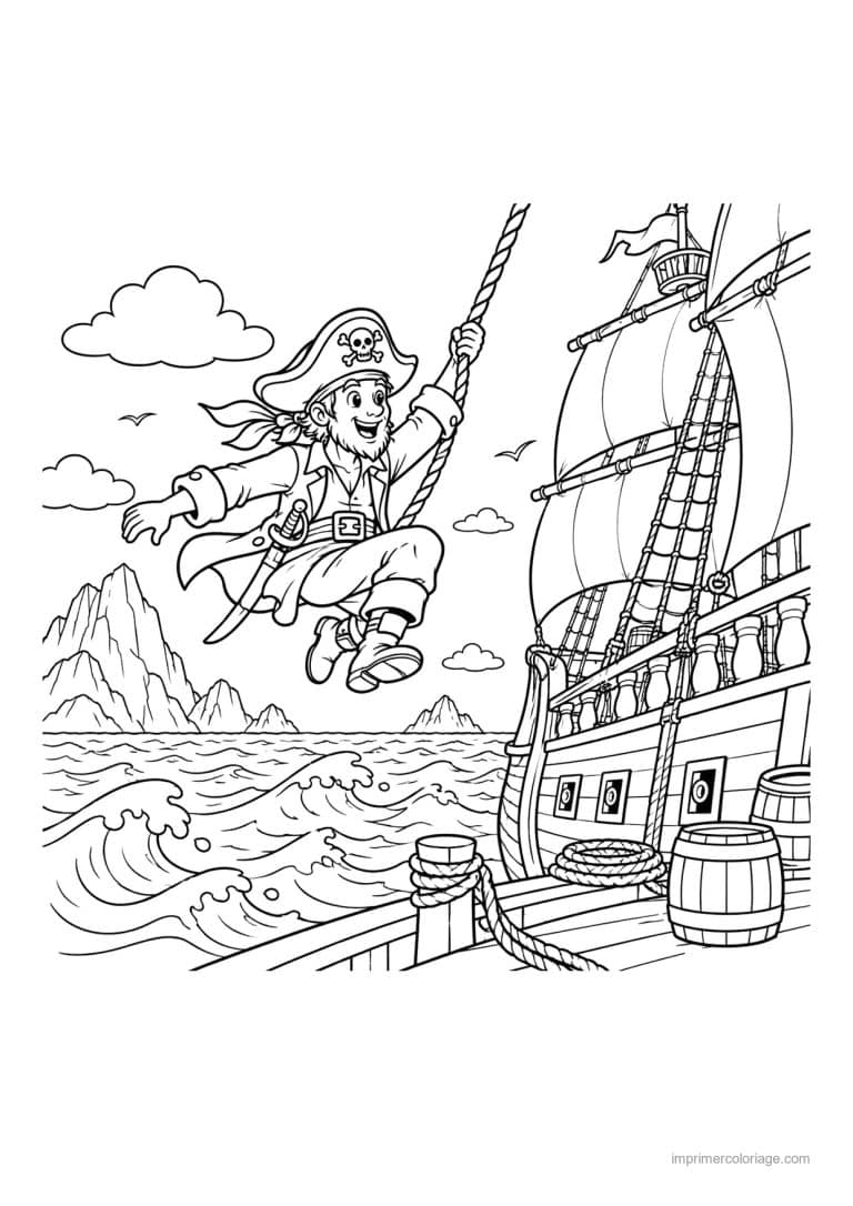 coloriage pirate scene corde navire mer - dessin gratuit &agrave; imprimer