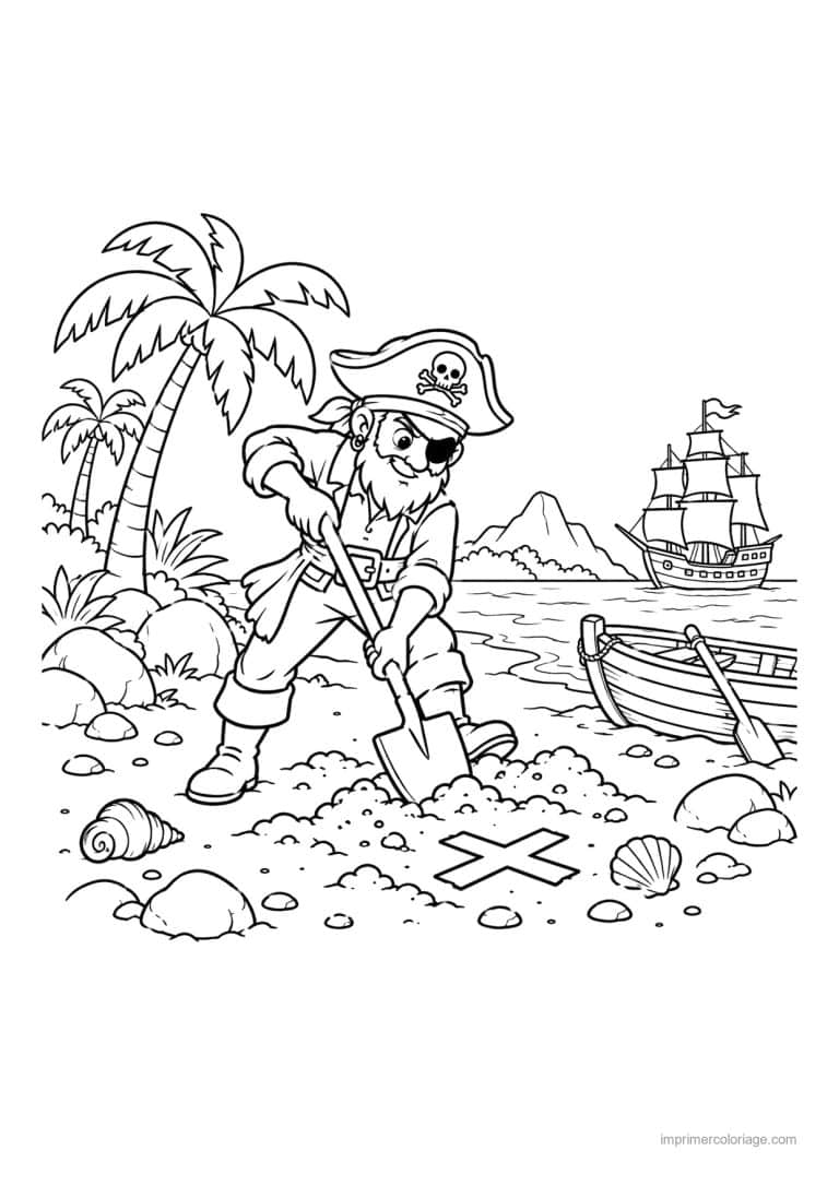 coloriage pirate scene creuse tresor ile - dessin gratuit &agrave; imprimer