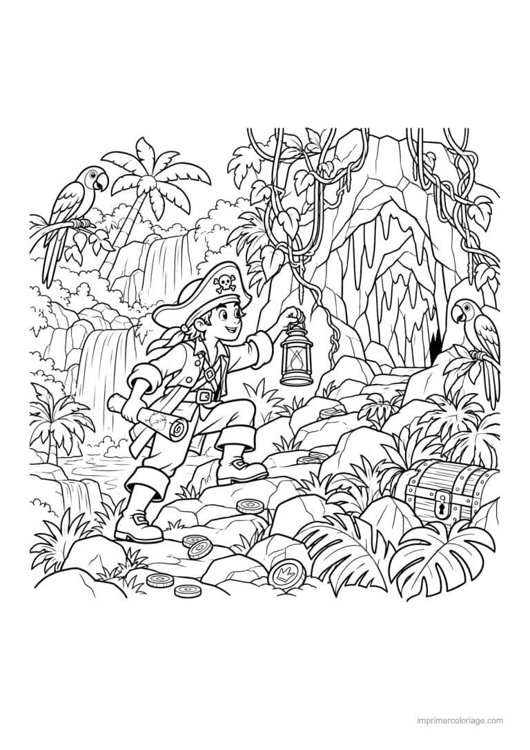 coloriage pirate scene grotte jungle lanterne - dessin gratuit &agrave; imprimer