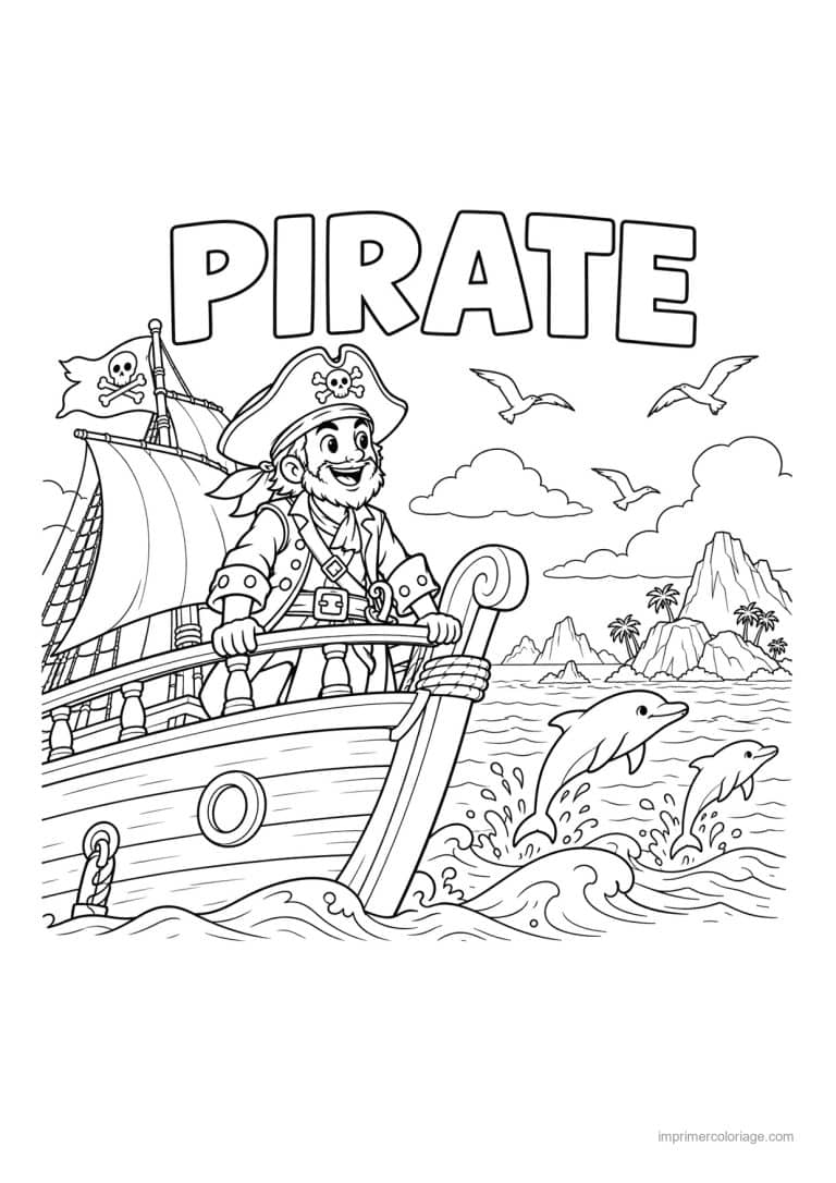 coloriage pirate scene proue navire dauphins titre haut - dessin gratuit &agrave; imprimer