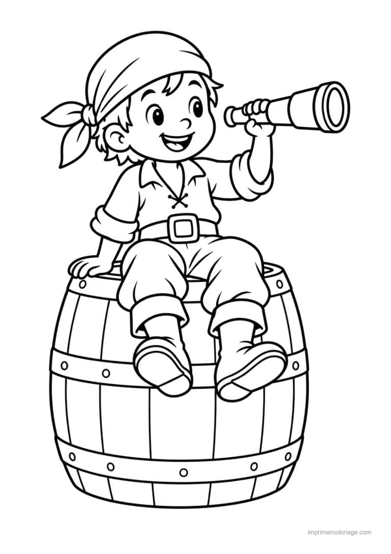 coloriage pirate simple tonneau longue vue - dessin gratuit &agrave; imprimer