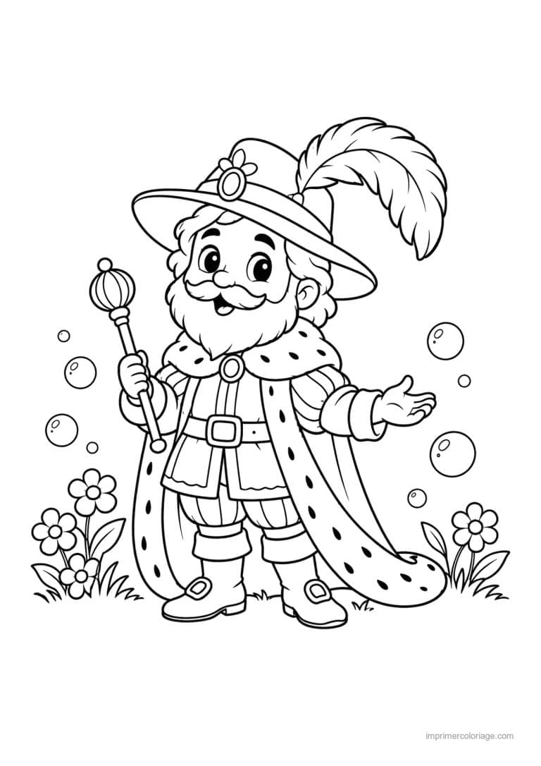 coloriage roi cute chapeau plume fleurs - dessin gratuit &agrave; imprimer