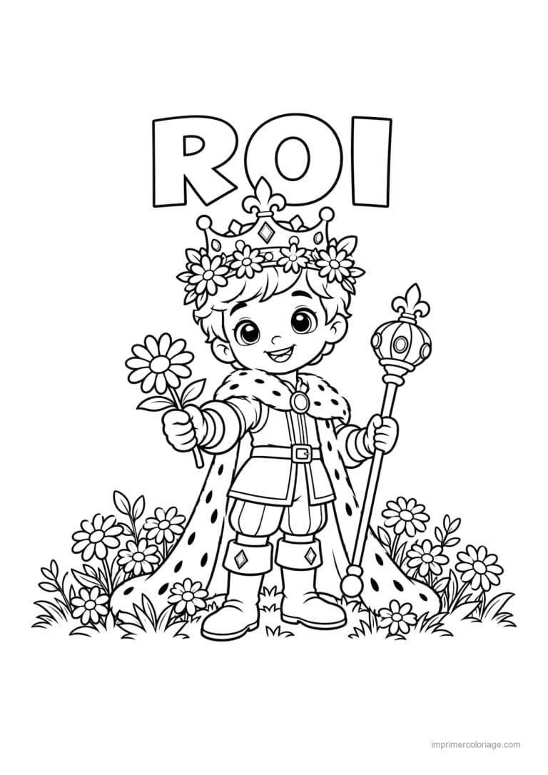 coloriage roi cute couronne fleurs marguerite titre haut - dessin gratuit &agrave; imprimer