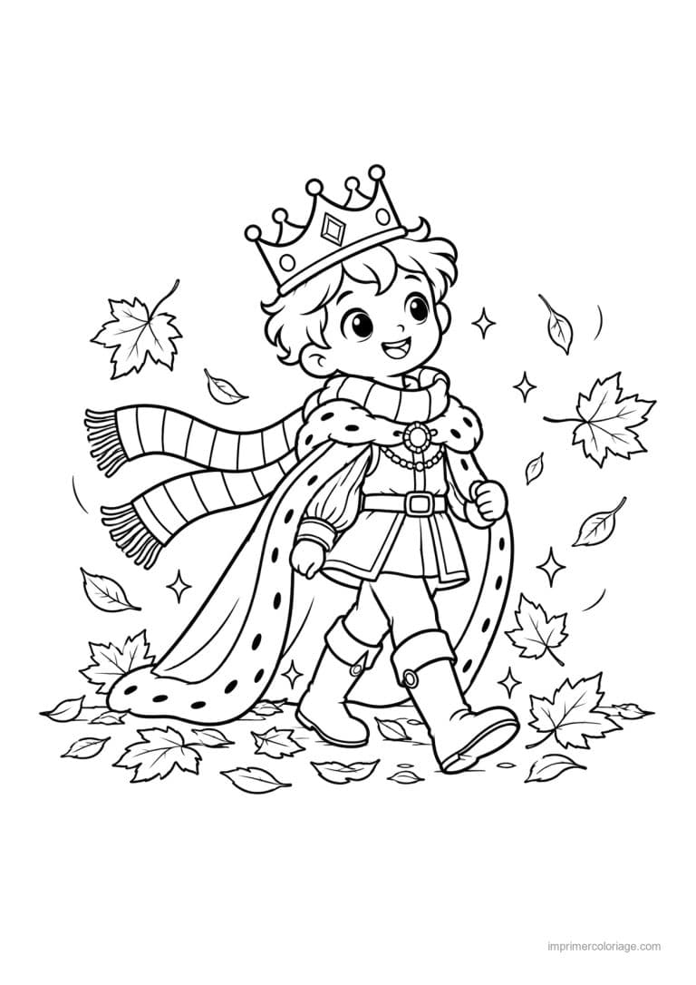coloriage roi cute echarpe feuilles automne - dessin gratuit &agrave; imprimer
