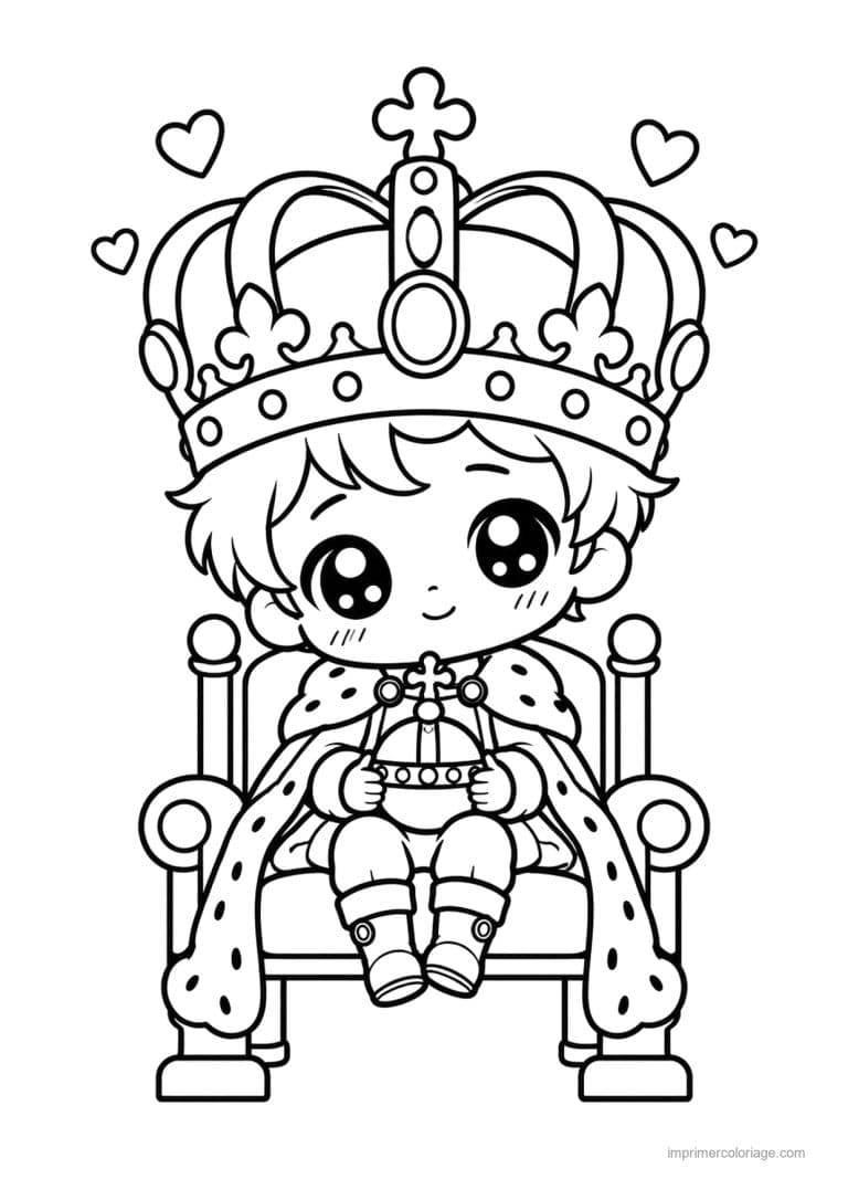 coloriage roi kawaii trone coeurs - dessin gratuit &agrave; imprimer