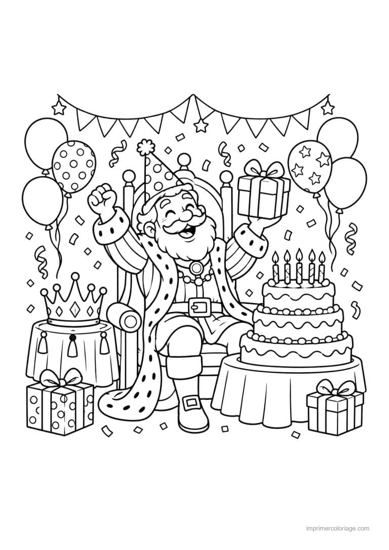 coloriage roi party anniversaire gateau ballons - dessin gratuit &agrave; imprimer