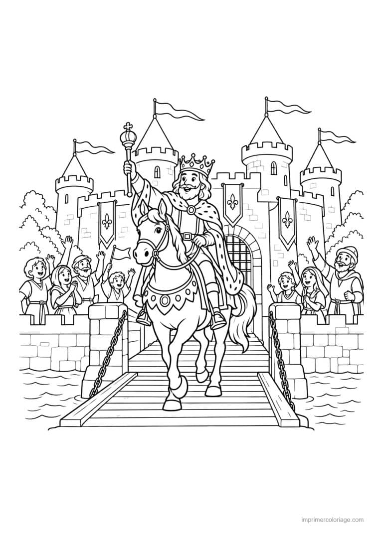 coloriage roi scene cheval pont levis - dessin gratuit &agrave; imprimer