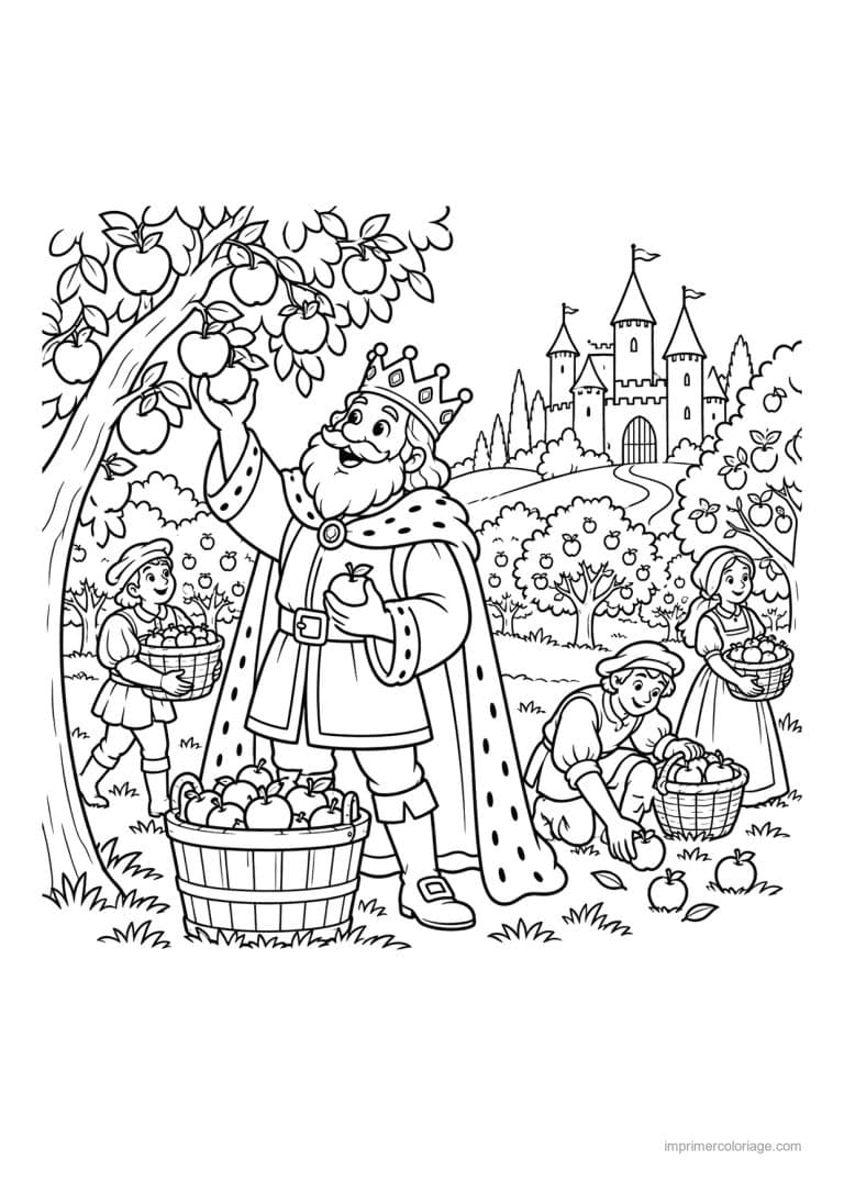 coloriage roi scene verger recolte pommes - dessin gratuit &agrave; imprimer