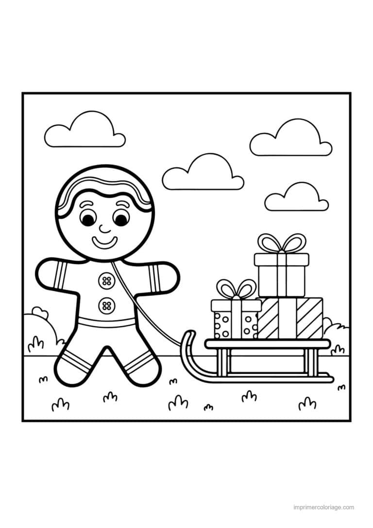 coloriage traineau pain epice traineau cadeaux nuages - dessin gratuit &agrave; imprimer