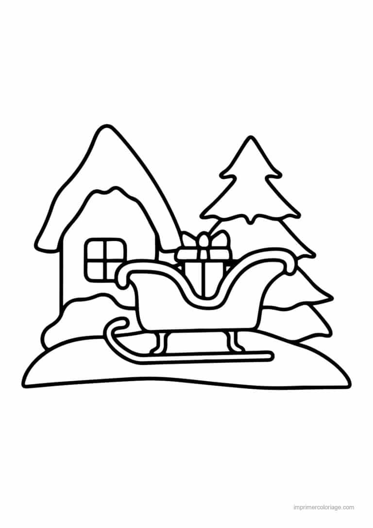 coloriage traineau traineau cadeaux devant maison enneigee - dessin gratuit &agrave; imprimer