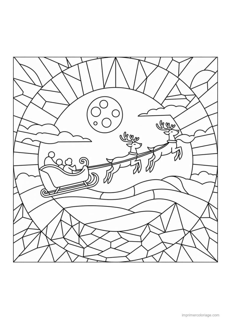 coloriage traineau traineau rennes lune collines vitrail - dessin gratuit &agrave; imprimer