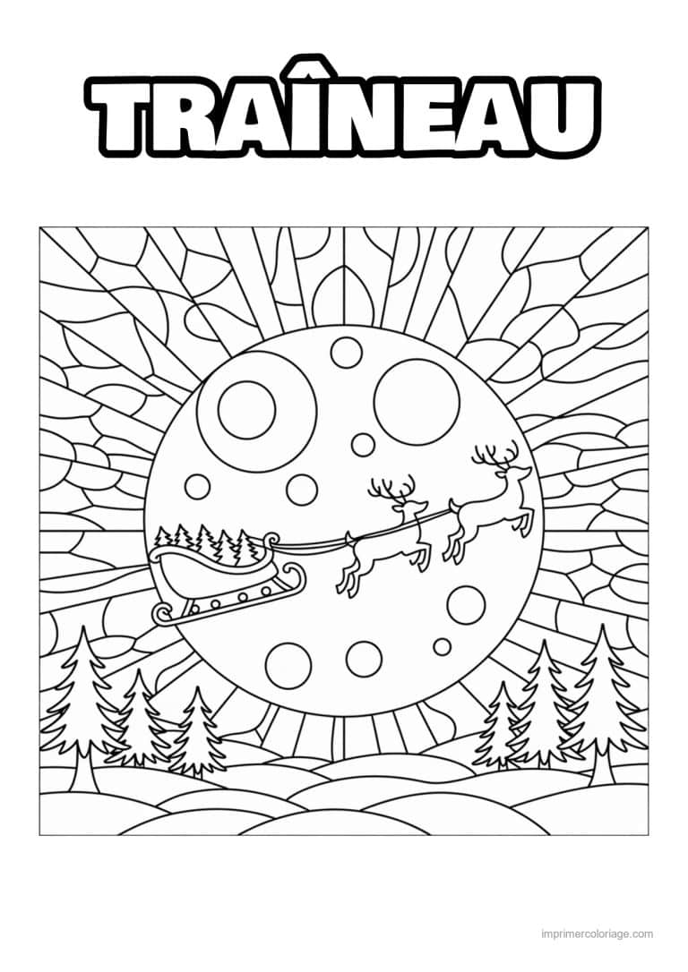 coloriage traineau traineau rennes lune sapins vitrail - dessin gratuit &agrave; imprimer