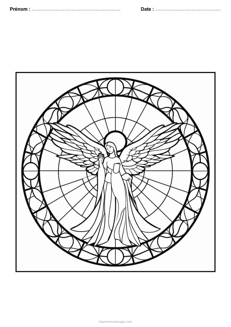 coloriage vitrail noel ange ailes deployees vitrail rond - dessin gratuit &agrave; imprimer