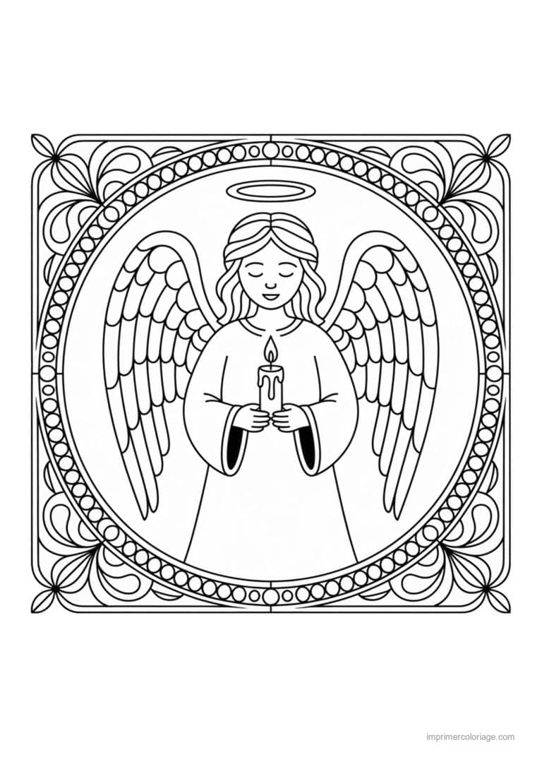 coloriage vitrail noel ange aureole tenant bougie medaillon - dessin gratuit &agrave; imprimer