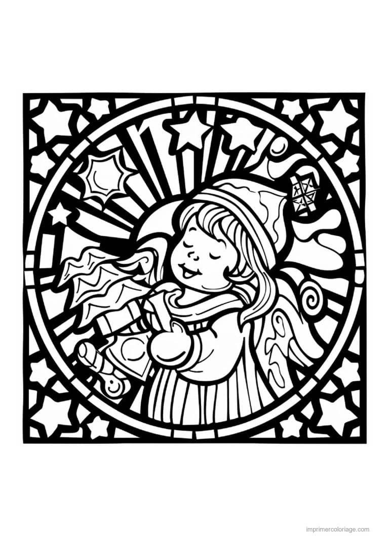 coloriage vitrail noel ange etoiles vitrail rond - dessin gratuit &agrave; imprimer