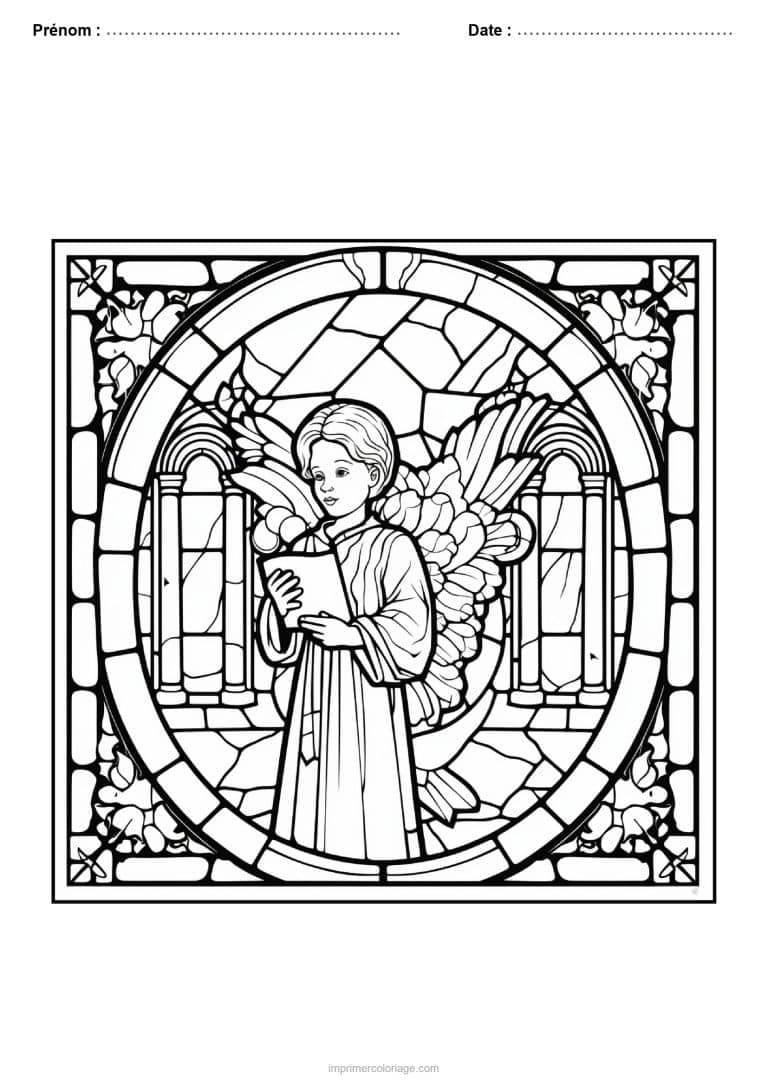 coloriage vitrail noel ange livre arcades - dessin gratuit &agrave; imprimer