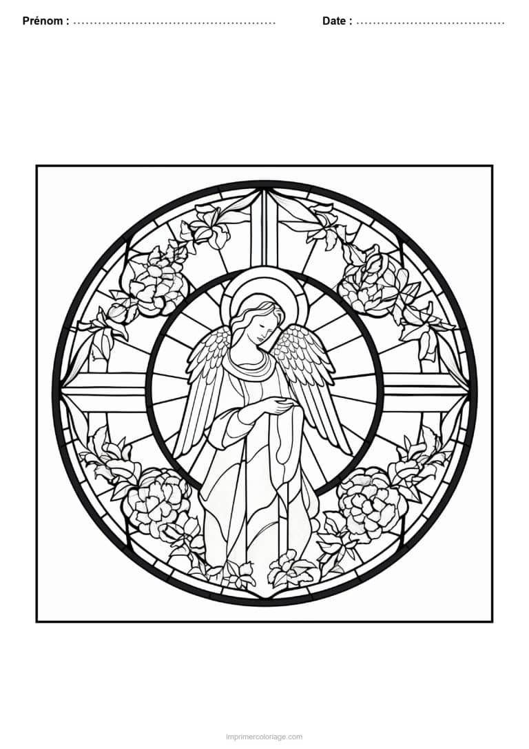 coloriage vitrail noel ange roses medaillon - dessin gratuit &agrave; imprimer