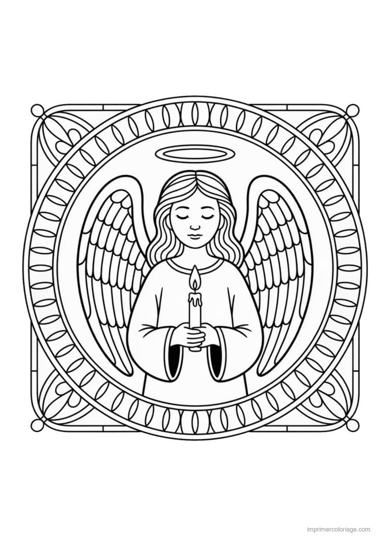coloriage vitrail noel ange tenant bougie medaillon - dessin gratuit &agrave; imprimer