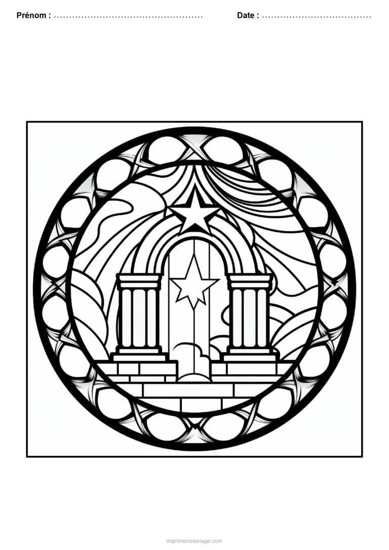 coloriage vitrail noel arche etoile colonnes vitrail rond - dessin gratuit &agrave; imprimer