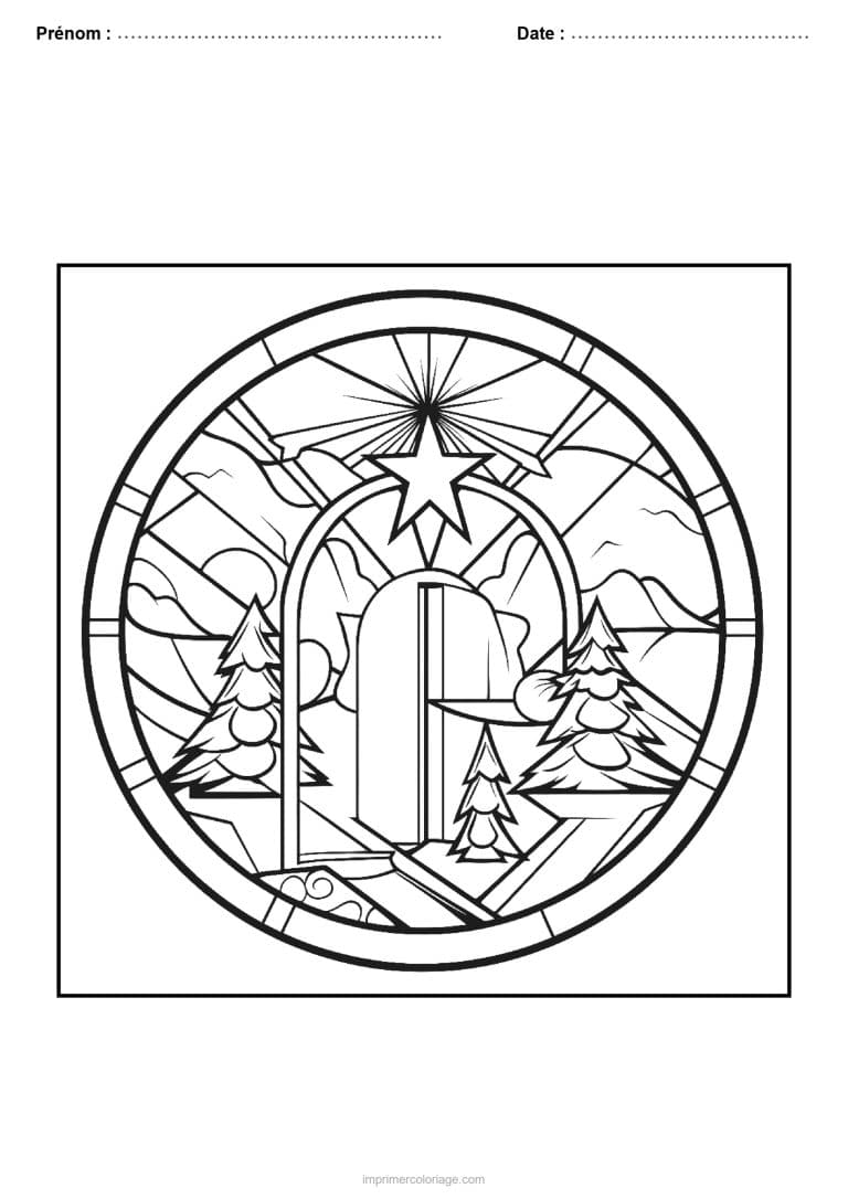 coloriage vitrail noel arche etoile sapins vitrail rond - dessin gratuit &agrave; imprimer