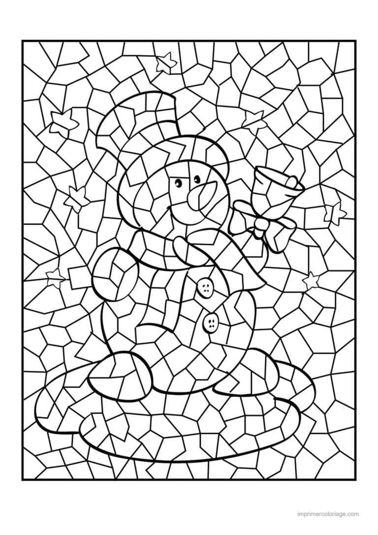 coloriage vitrail noel bonhomme neige cloche mosaique - dessin gratuit &agrave; imprimer