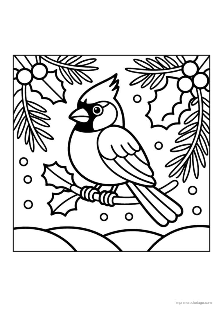 coloriage vitrail noel cardinal branche houx - dessin gratuit &agrave; imprimer