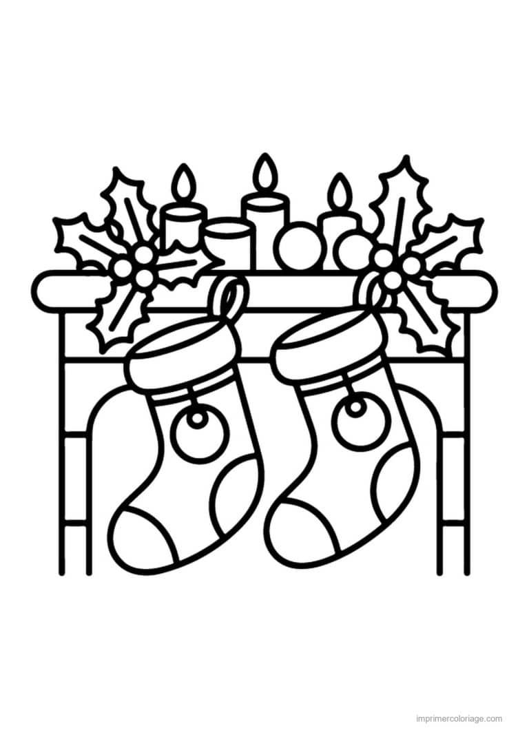 coloriage vitrail noel chaussettes cheminee bougies houx - dessin gratuit &agrave; imprimer
