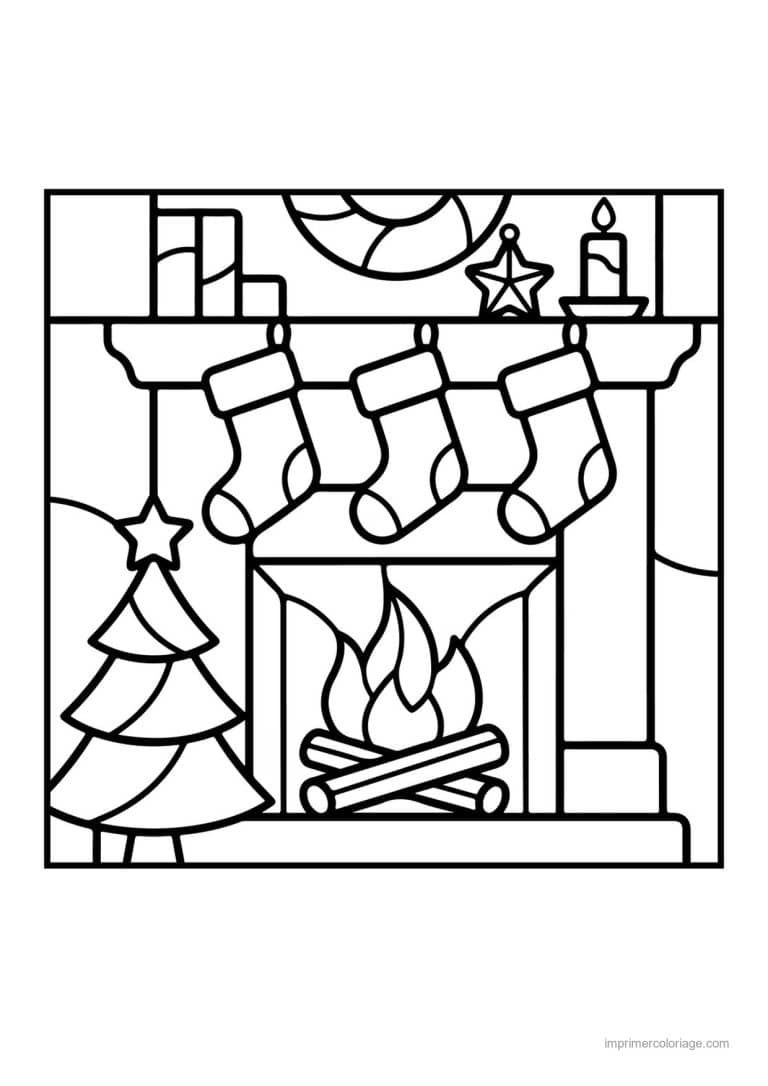 coloriage vitrail noel cheminee feu chaussettes sapin bougies - dessin gratuit &agrave; imprimer