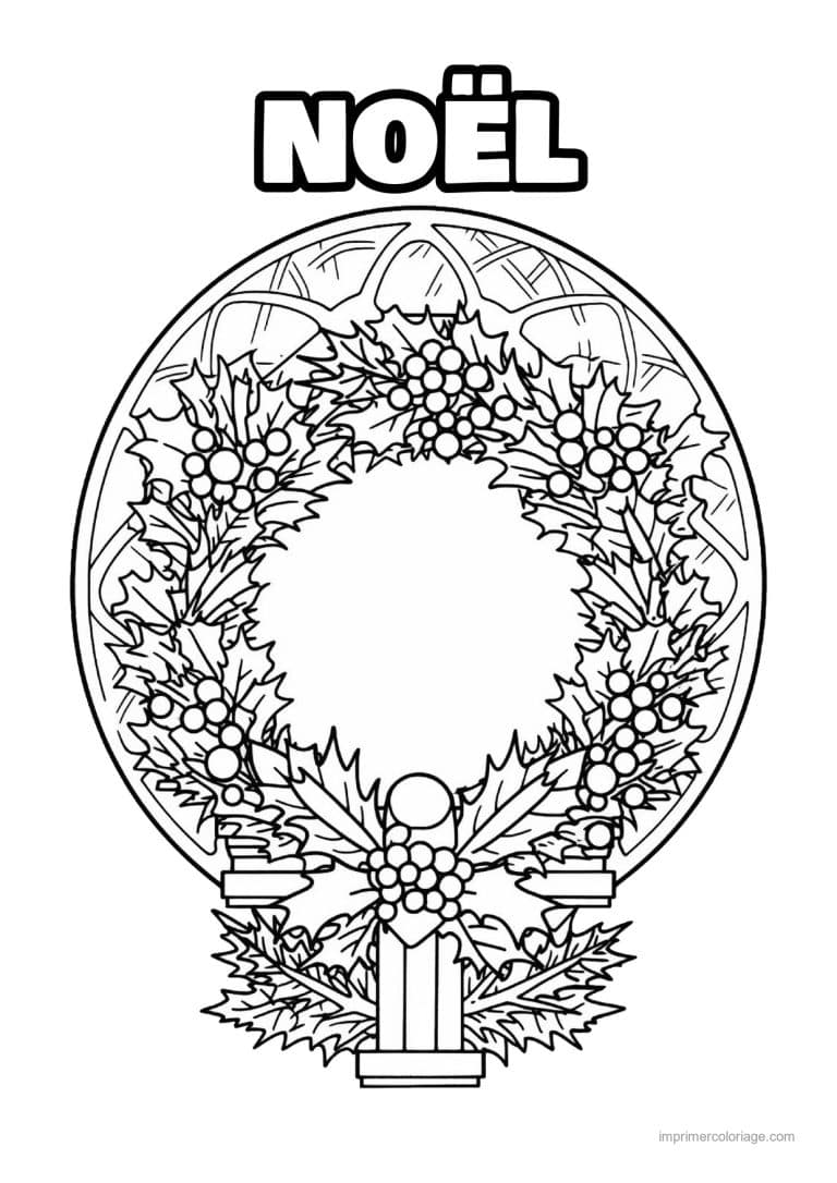coloriage vitrail noel couronne houx vitrail ovale - dessin gratuit &agrave; imprimer