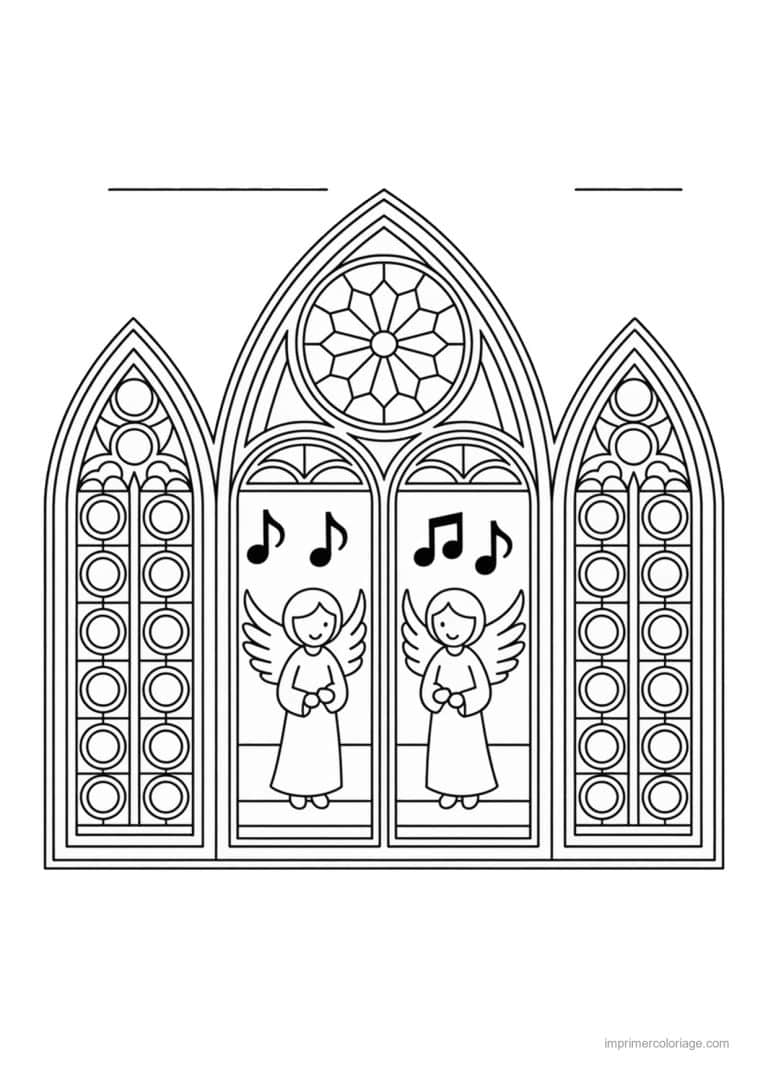 coloriage vitrail noel deux anges chantant vitrail gothique - dessin gratuit &agrave; imprimer