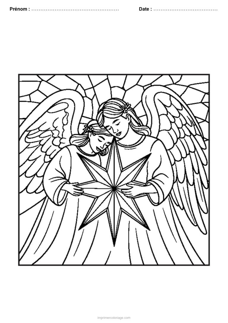 coloriage vitrail noel deux anges etoile - dessin gratuit &agrave; imprimer