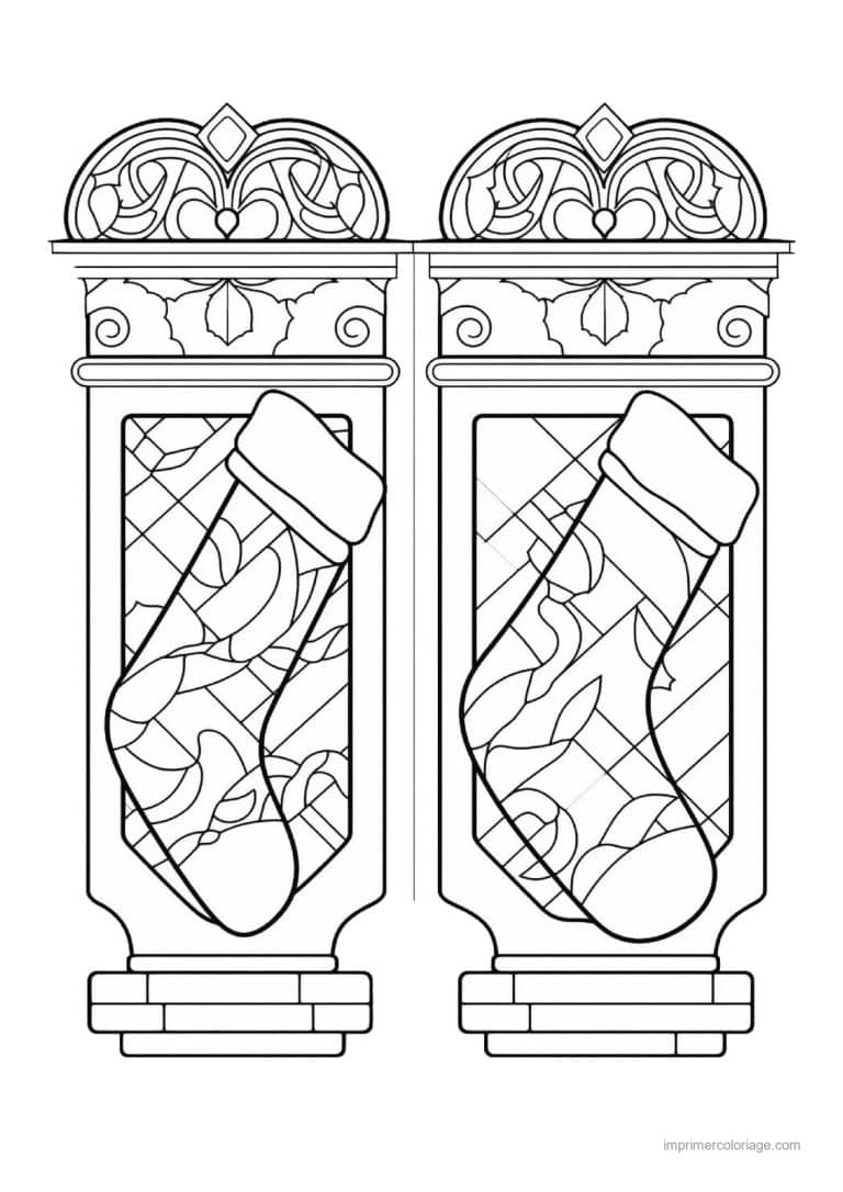 coloriage vitrail noel deux chaussettes fenetres vitrail - dessin gratuit &agrave; imprimer