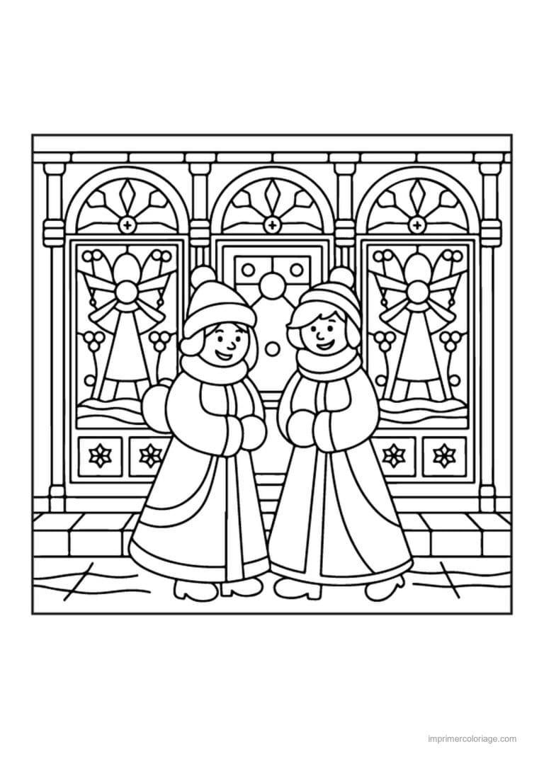 coloriage vitrail noel deux enfants chanteurs devant vitraux - dessin gratuit &agrave; imprimer