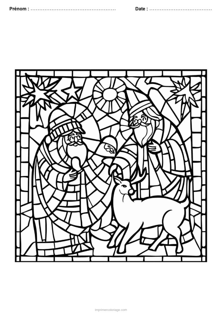 coloriage vitrail noel deux pere noel renne etoiles - dessin gratuit &agrave; imprimer