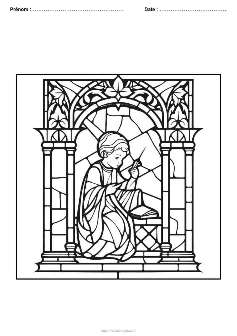 coloriage vitrail noel enfant lecture colonnes gothiques - dessin gratuit &agrave; imprimer