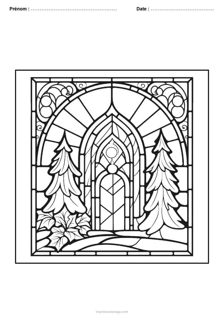 coloriage vitrail noel fenetre gothique sapins - dessin gratuit &agrave; imprimer