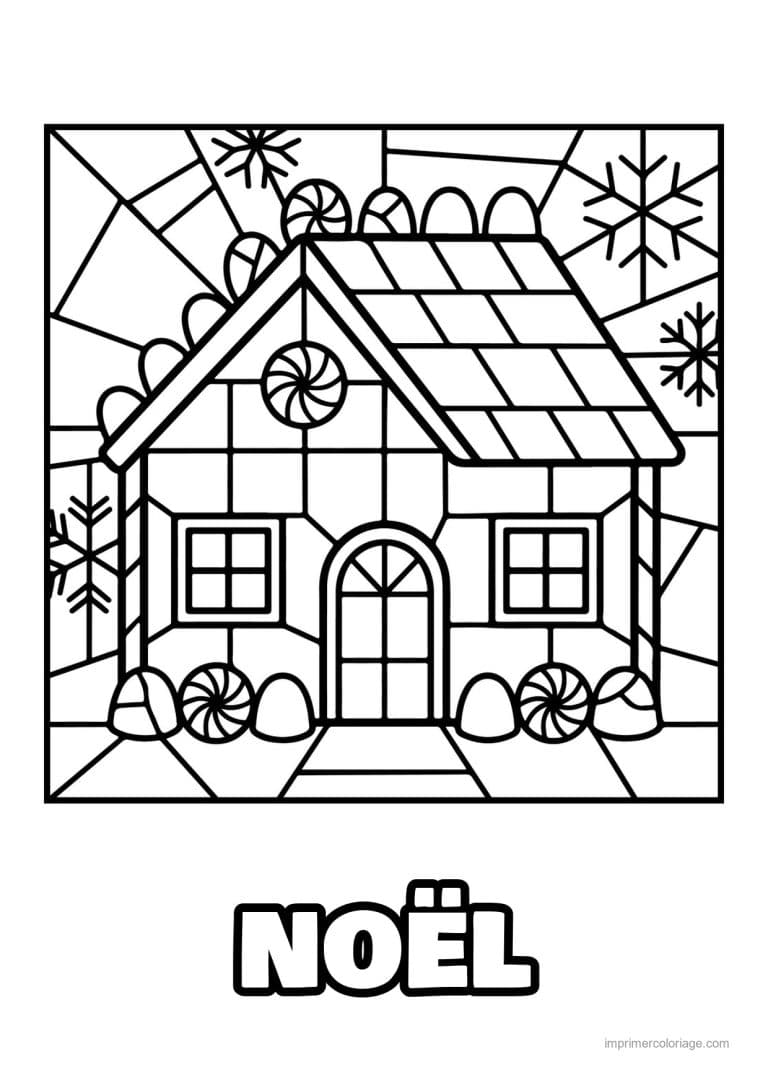 coloriage vitrail noel maison pain epice bonbons flocons - dessin gratuit &agrave; imprimer