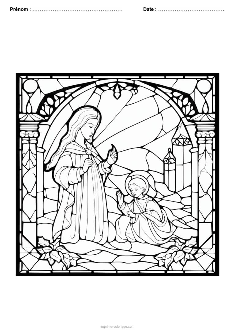 coloriage vitrail noel marie enfant arche - dessin gratuit &agrave; imprimer