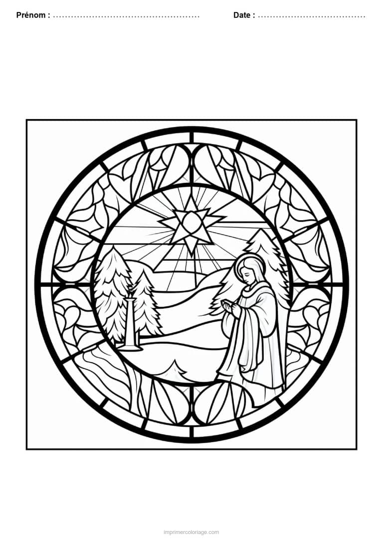 coloriage vitrail noel marie etoile sapins vitrail rond - dessin gratuit &agrave; imprimer