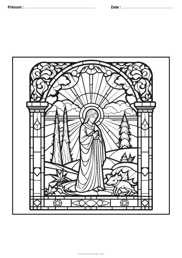 coloriage vitrail noel marie sapins herisson - dessin gratuit &agrave; imprimer