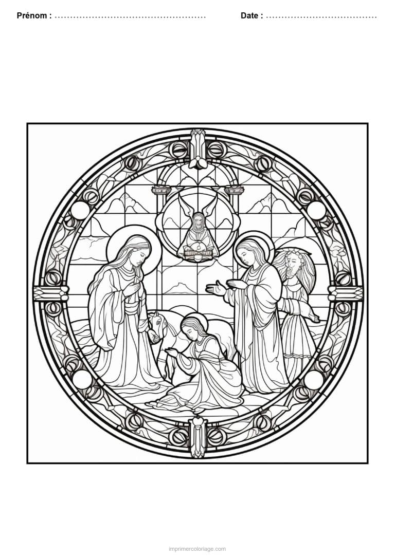 coloriage vitrail noel nativite anges vitrail rond - dessin gratuit &agrave; imprimer