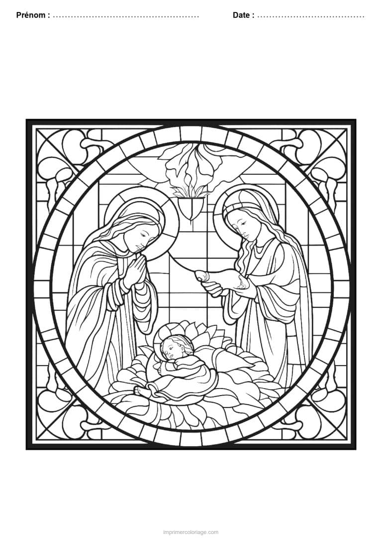 coloriage vitrail noel nativite enfant jesus medaillon - dessin gratuit &agrave; imprimer