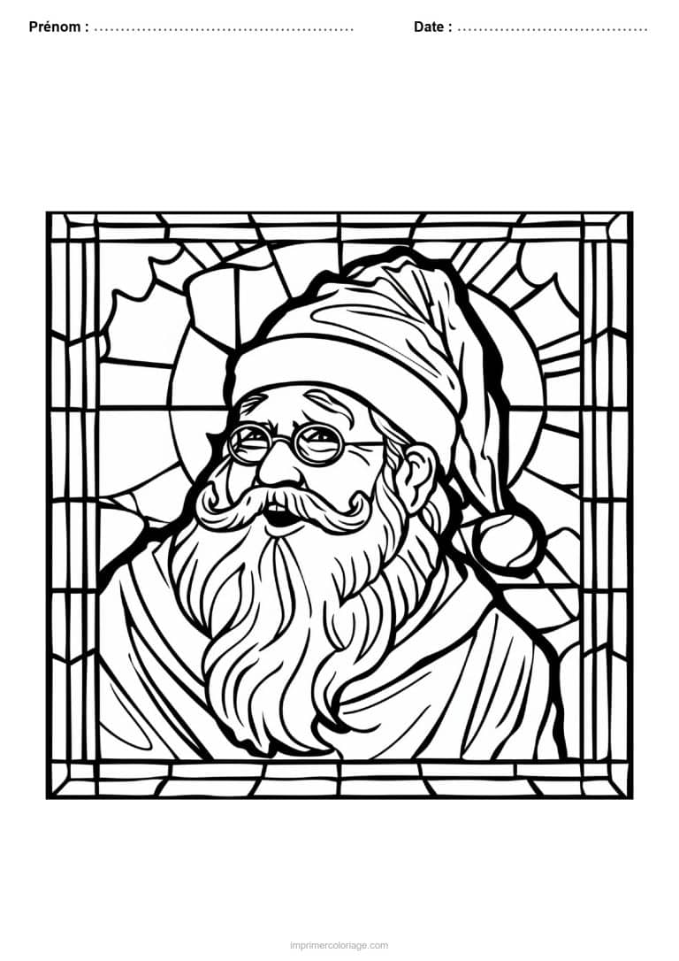 coloriage vitrail noel pere noel gros plan aureole - dessin gratuit &agrave; imprimer