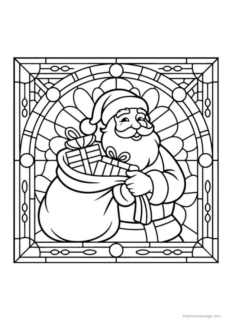 coloriage vitrail noel pere noel hotte cadeaux vitrail - dessin gratuit &agrave; imprimer
