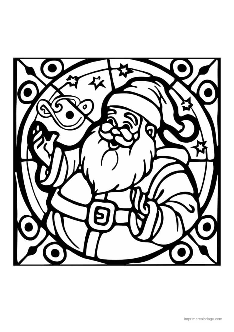 coloriage vitrail noel pere noel riant etoiles vitrail rond - dessin gratuit &agrave; imprimer