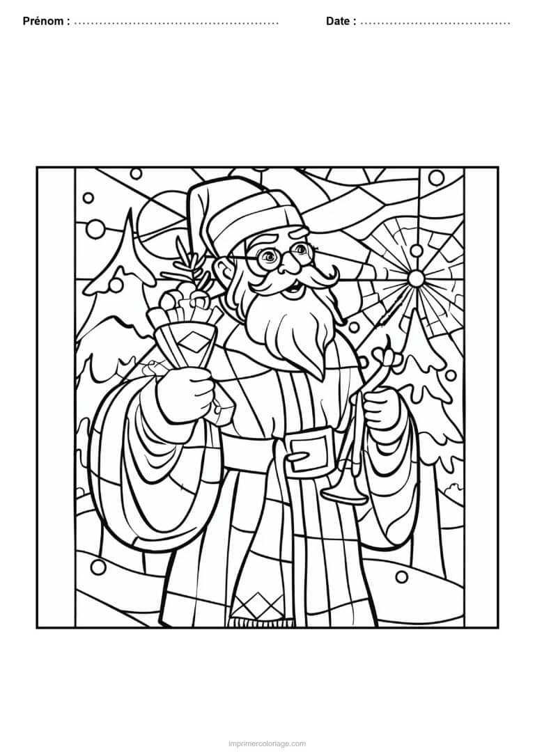 coloriage vitrail noel pere noel sapin cadeaux trait fin - dessin gratuit &agrave; imprimer