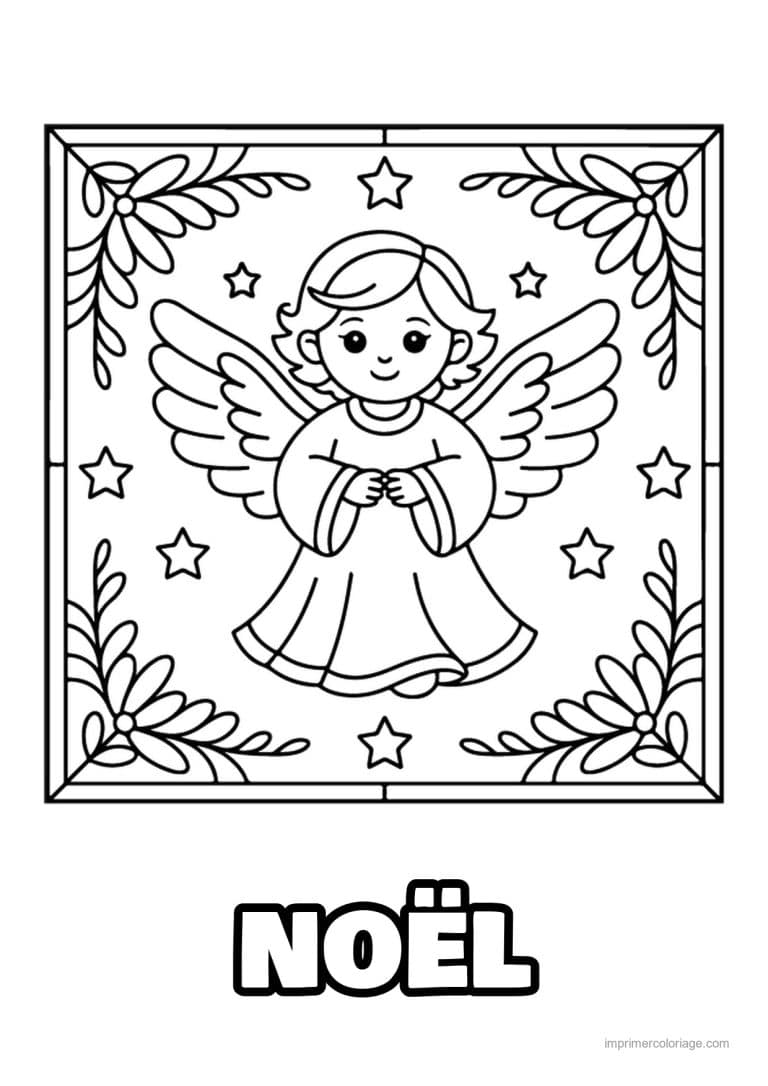 coloriage vitrail noel petit ange ailes etoiles cadre - dessin gratuit &agrave; imprimer