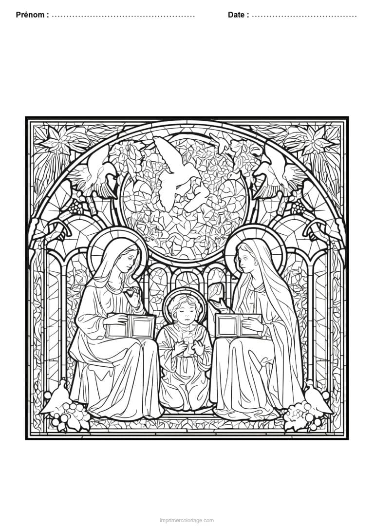coloriage vitrail noel sainte famille arcades colombes - dessin gratuit &agrave; imprimer