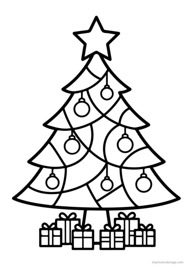 coloriage vitrail noel sapin boules etoile cadeaux - dessin gratuit &agrave; imprimer